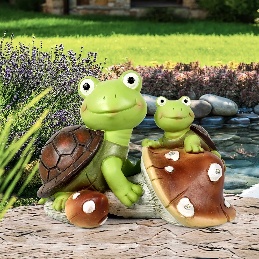

Garden Statue Cute Frog Face Turtles Figurines,Solar Powered Resin Animal Sculpture with 3 Led Lights for Patio,Lawn