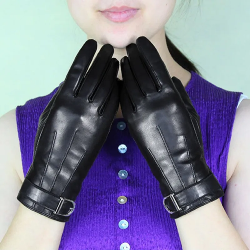 Tanie Prawdziwe skórzane rękawiczki damskie moda nadgarstek metalowa klamra termiczna jesienno-zimowa