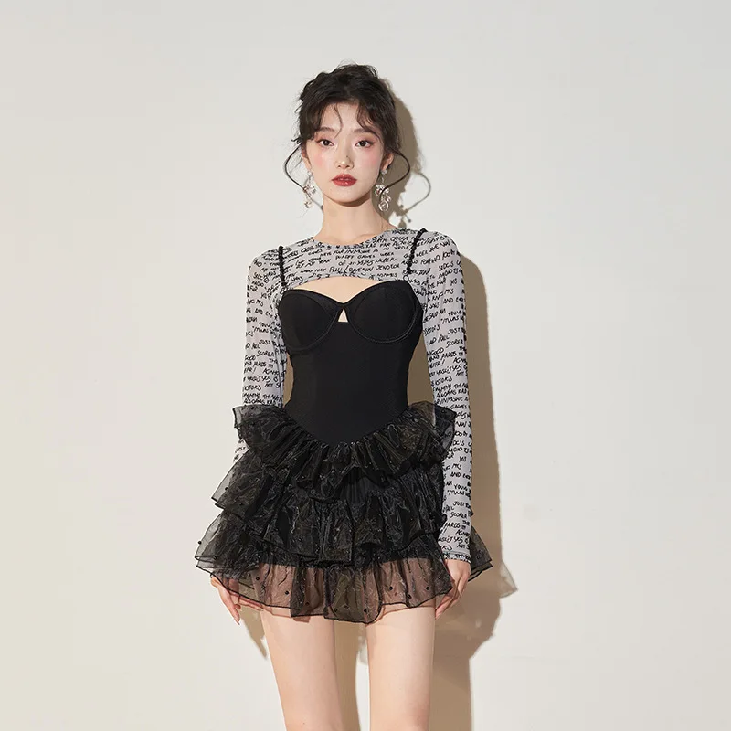 

Wisuwore Skirt One-piece Swimsuit Women's Conservative Belly Coverup Small Chest 2023 Korean Long-sleeved Hot Spring Swimsuit