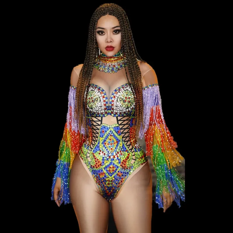 

Fashion Women Multicolor Tassel Rhinestone Bodysuit Sexy Nightclub Party Celebration Singer Stage Costume Stretch Dancer Leotard