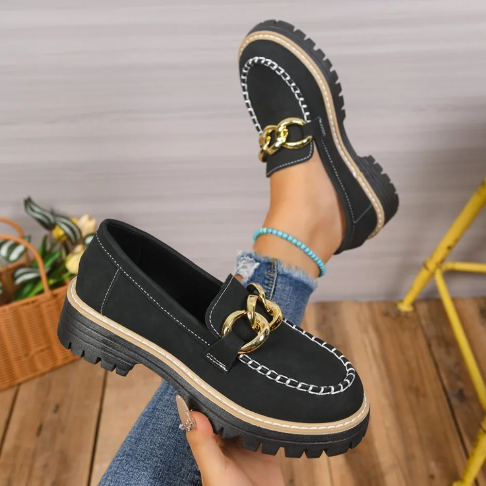 Woman Loafers Retro Autumn Shoes Ladies Large Size British Style Thick Heel Shoes Round Toe Outsole Korean Style Sneakers Woman