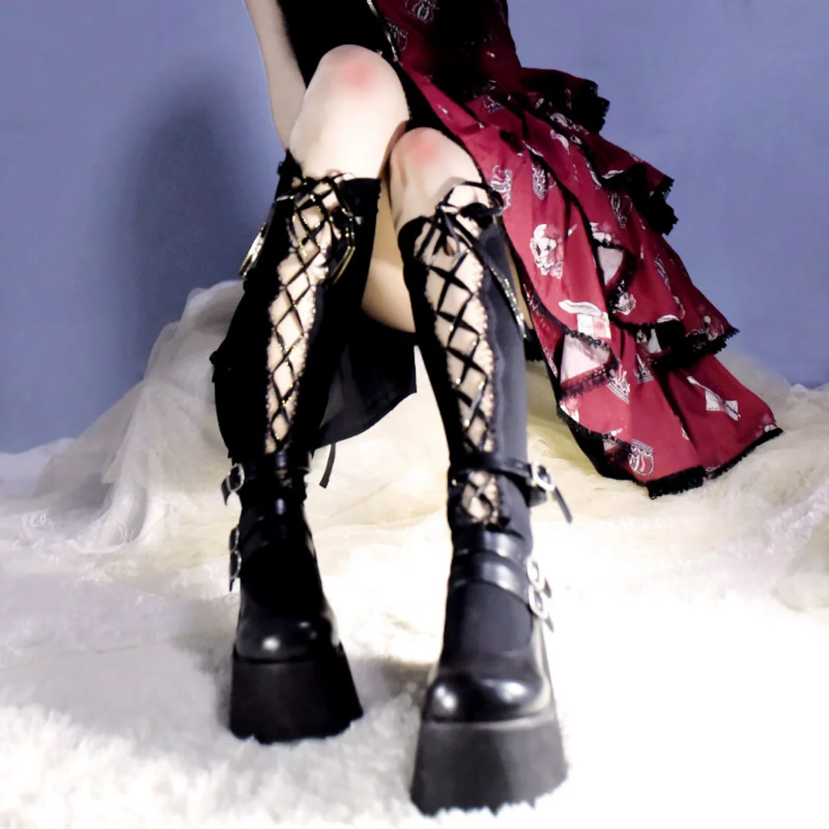 Lolita Japanese Style Cute Girls Lace-up Half Sexy Stockings Women's Tube Socks Elastic Hollow-out Middle Black Stockings