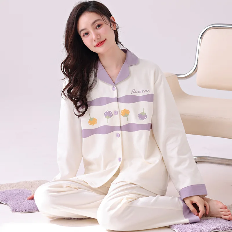 Spring Autumn Women's Pure Cotton Pajamas Lapel Long Sleeve Cardigan Oversized Loose Fitting Casual Sweet Home Clothing Set