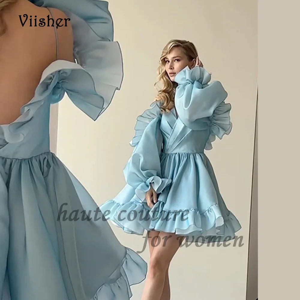 

Viisher Синие Короткие Выпускные платья с коротким рукавом и V-образным вырезом ТРАПЕЦИЕВИДНОЕ ПЛАТЬЕ С Открытой Спиной шелковые атласные коктейльные платья выше колена