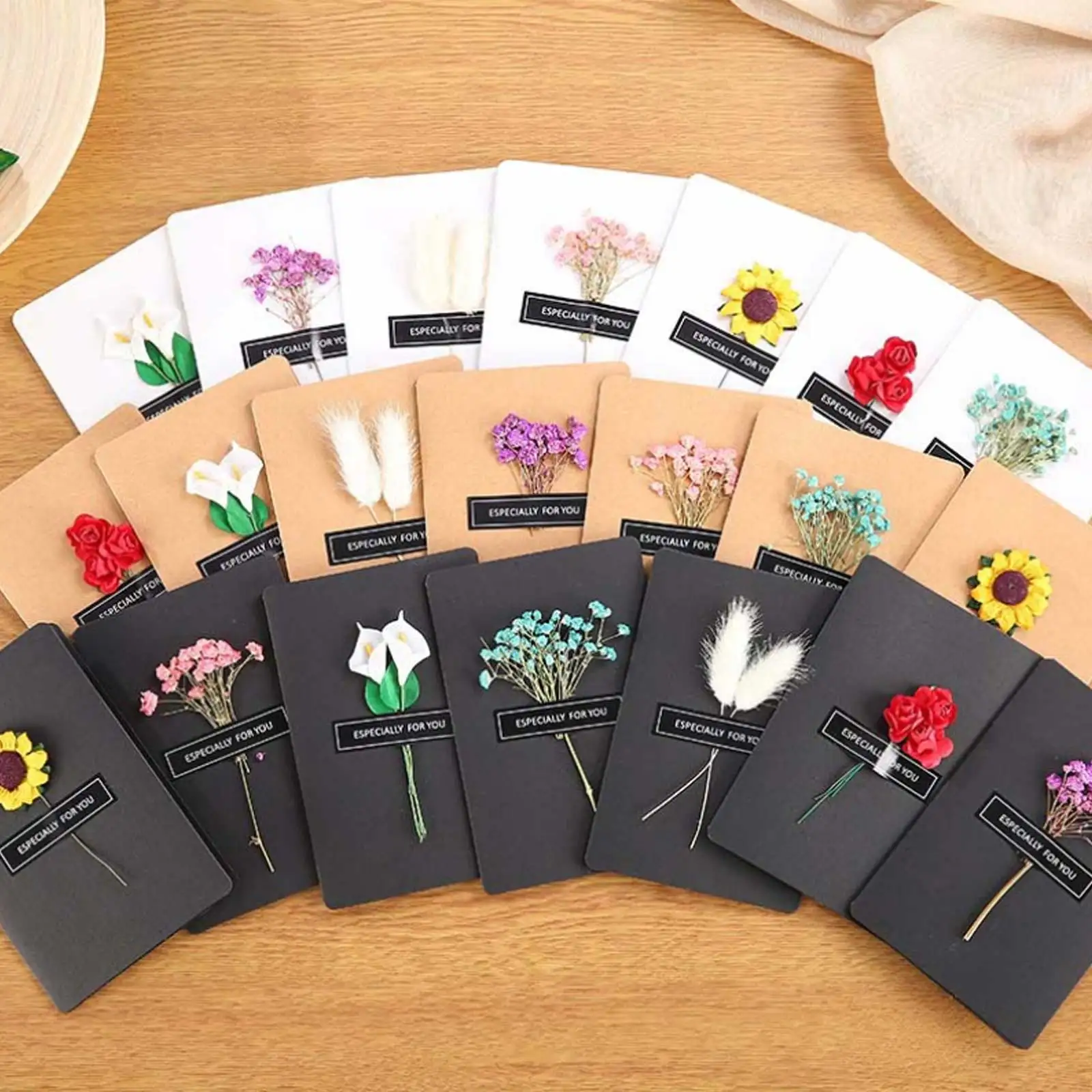 

10PCS Dried Flower Greeting Card Thank You Card Kraft Paper Handmade Invitation Card for Wedding Christmas Valentines Day Decor