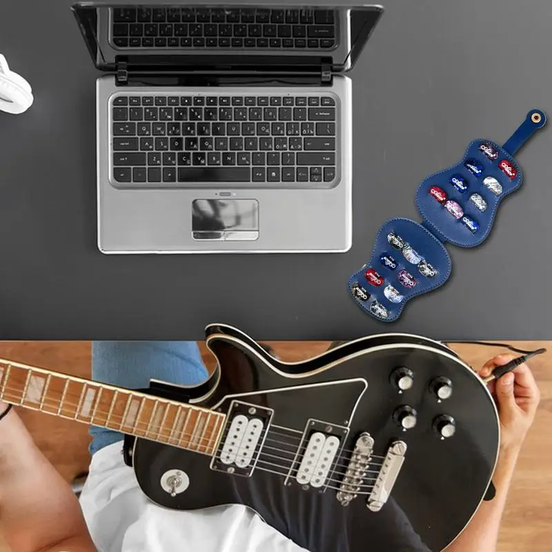 Guitar Shaped Pick Holder Lightweight Guitar Picks Holder Leather Pick Box Large Capacity Storage Bag With 18