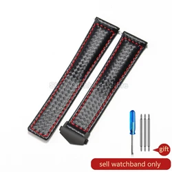Premium Black Carbon Fiber Genuine Leather Watchband - Soft, Breathable, Lightweight, and Comfortable - 22mm (Black Red - BK - Z5)