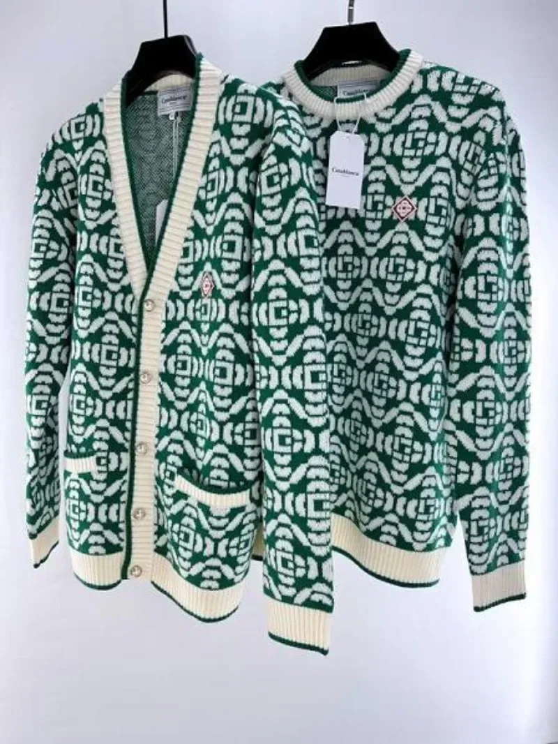 

V-neck Green Jacquard Casablanca Sweater for Men Women Heavy Fabric Sweatshirts gym