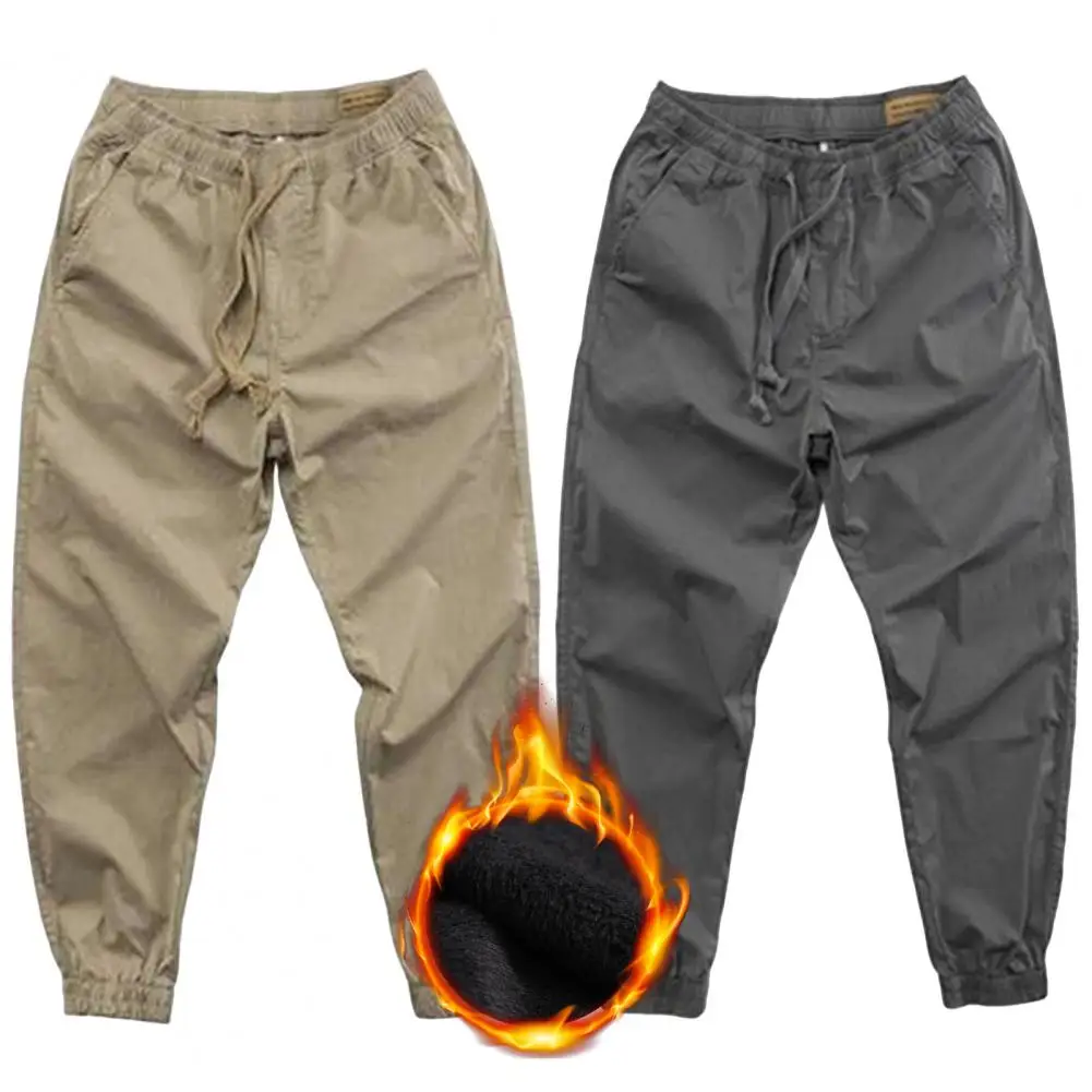 

Men Cargo Pants Drawstring Coldproof Autumn Winter Plush Lining Ankle Tied Sports Pants for Jogging