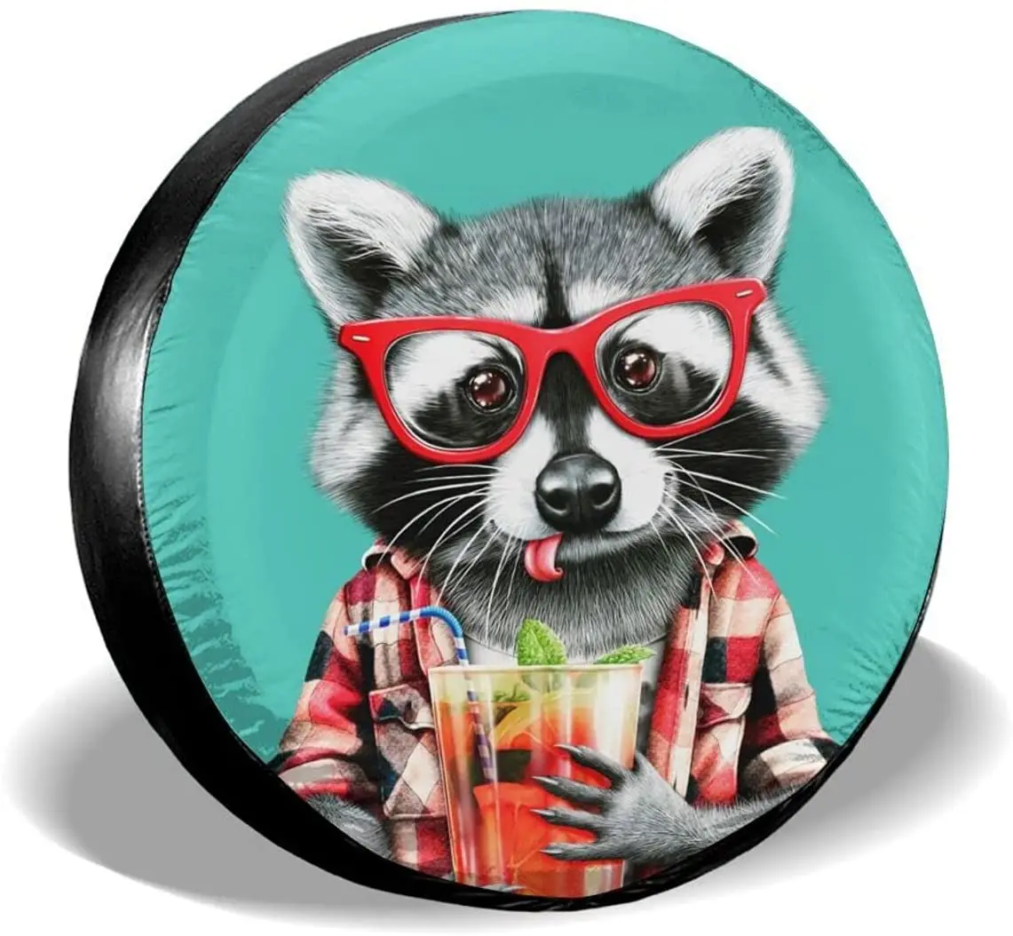 Spare Tire Cover Red Glasses Raccoon Tire Cover Waterproof UV Sun Wheel Covers Fit for Trailer RV SUV 16 Inch 