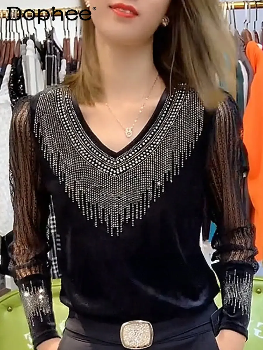 

Temperament V-neck Long Sleeve Inner Rhinestones T-shirt Top Fashion Black Pleuche Bottoming Shirt Autumn Winter Women Clothes