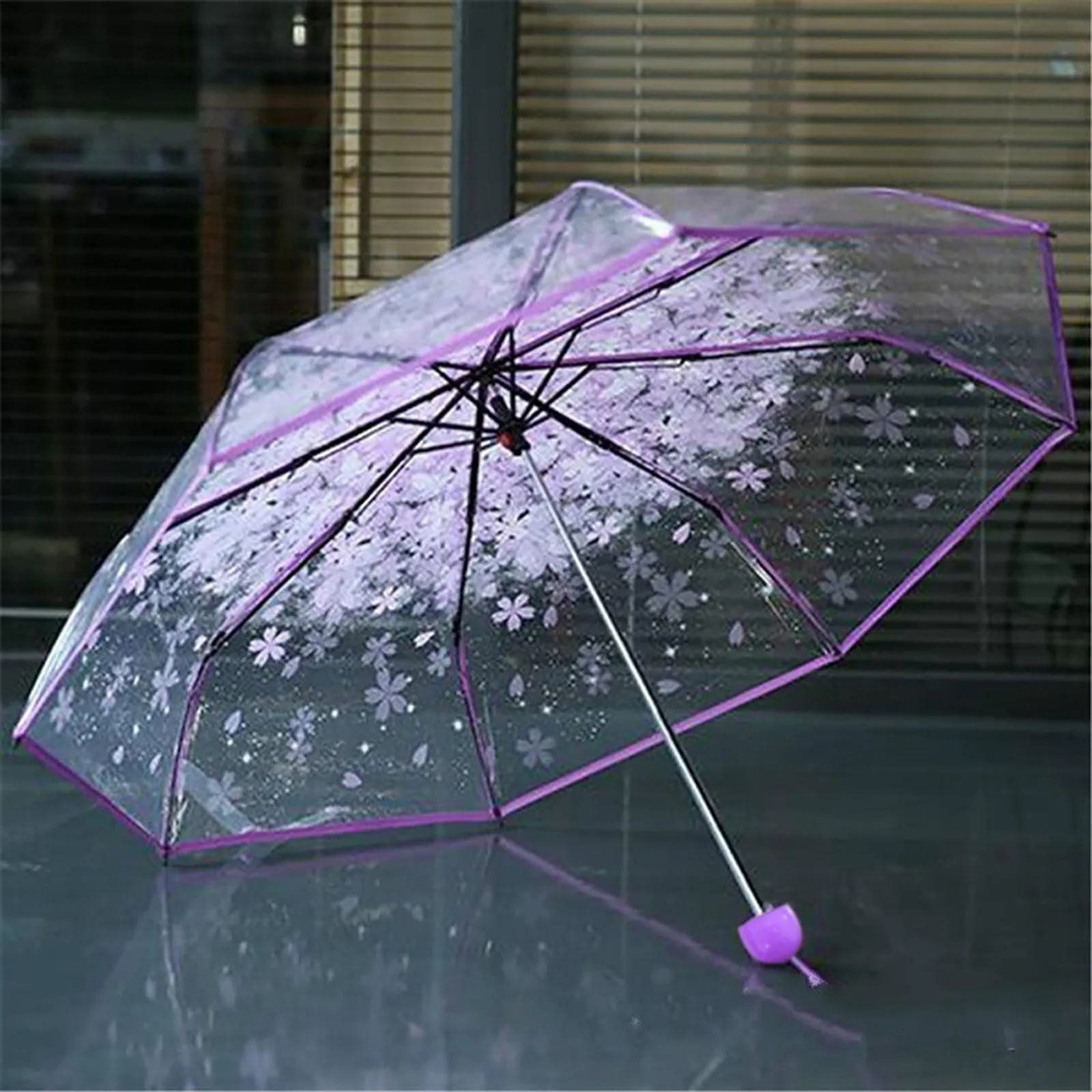 Three Fold Umbrella Women Transparent Clear Cherry Blossom Mushroom Sakura Folding Sunshade Rain Umbrella Folding Travel Umbrell folding umbrella