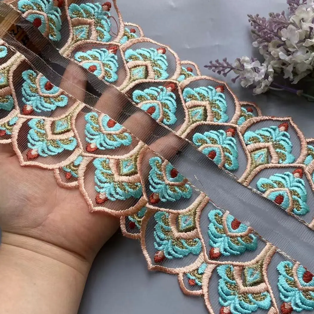 1 Yards 5.8cm Retro Blue Sequins Gold Thread Lace Trims Webbing Embroideried Ribbons Fabric for Dress Bag DIY Sewing Accessories