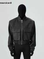Mauroicardi Spring Autumn Cool Short Loose Black Hard Pu Leather Bomber Jacket Men Zipper Pockets Luxury Designer Clothes 2023 1