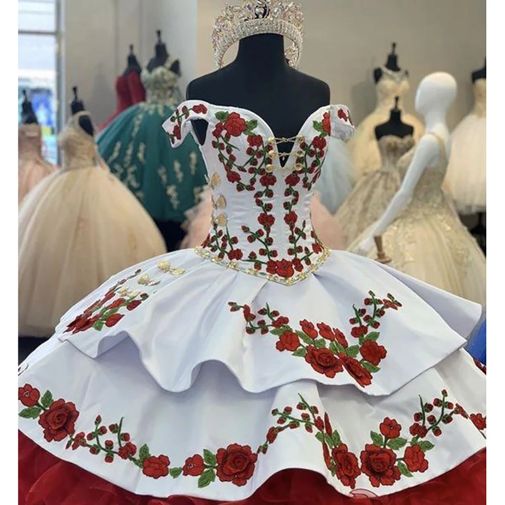 Prom Dress Gorgeous Embroidery Charro Quinceanera Off The Shoulder Bow Tiered Satin Ball Gown Sweet Evening Party party dress,quinceanera dresses