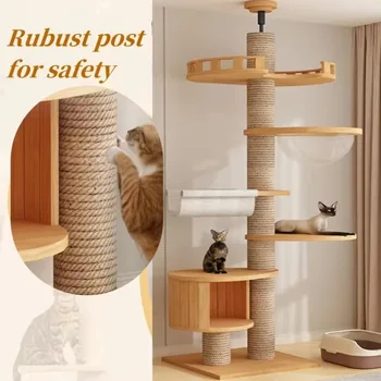 Árbol para gatos de suelo a techo para gatos grandes, torre multifunción, hamaca de Franela suave, cama de Sisal, suministros para mascotas, rascador de madera para gatos 1