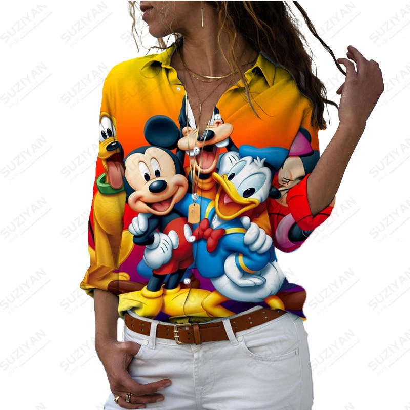 

New Long Sleeve Women's Shirt Plus Size Foldover Collar Shirt Casual Top Elegant 5XL Home Out Cartoon 3D Print Mickey Minnie