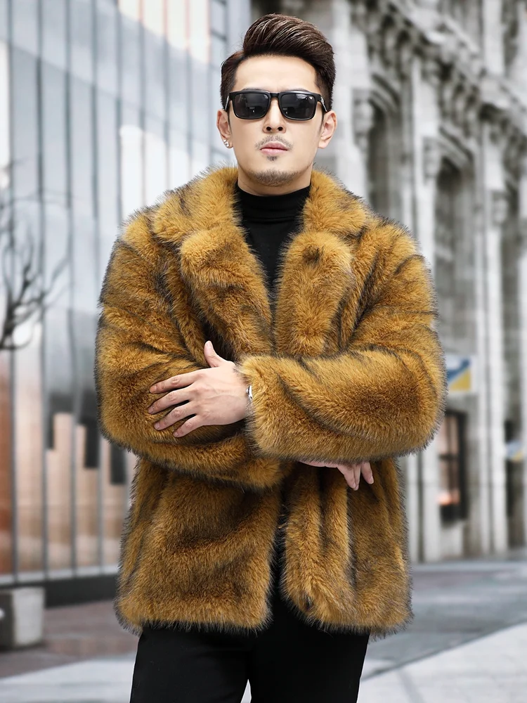 

Mink Coat Men's Thickened Warm New Imitation Fur Fox Fur Coat Short Lapel Business Casual Three-Button Yellow Black Winter 1Pc