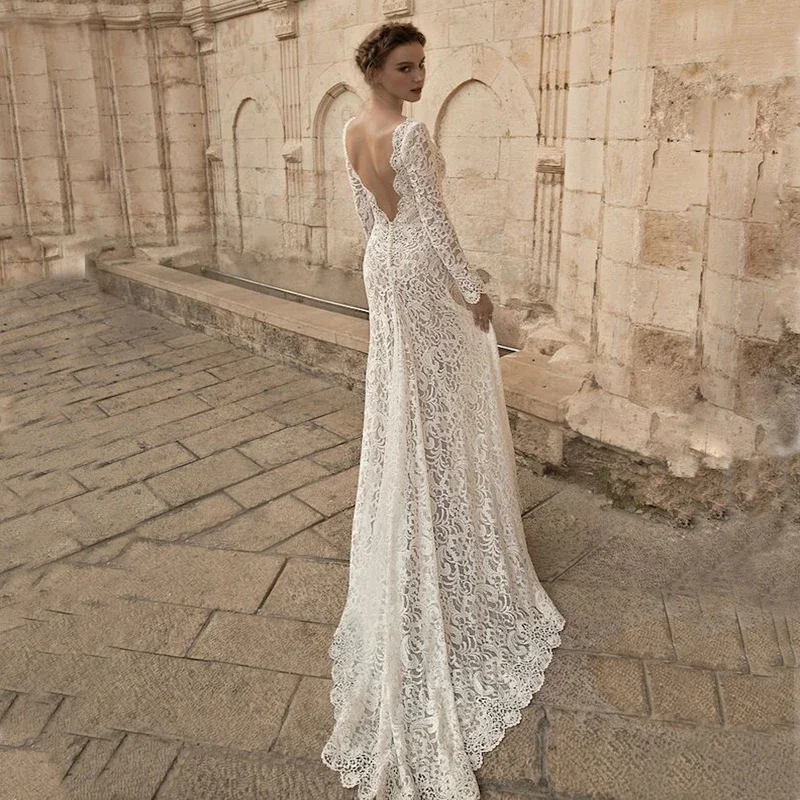 

White Sexy Mermaid Backless Lace Long Sleeves Long Dress Women Transparent Bodycon Photography Props Dress