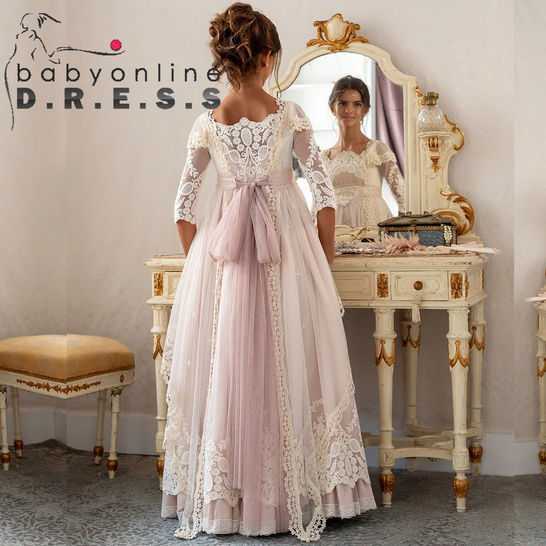 BABYONLIN CustomizedCommunion Ceremony Dress Lac Full Illusion Laces Half-Sleeve Layered Floral Belt Embroidery MiniBride Gowns