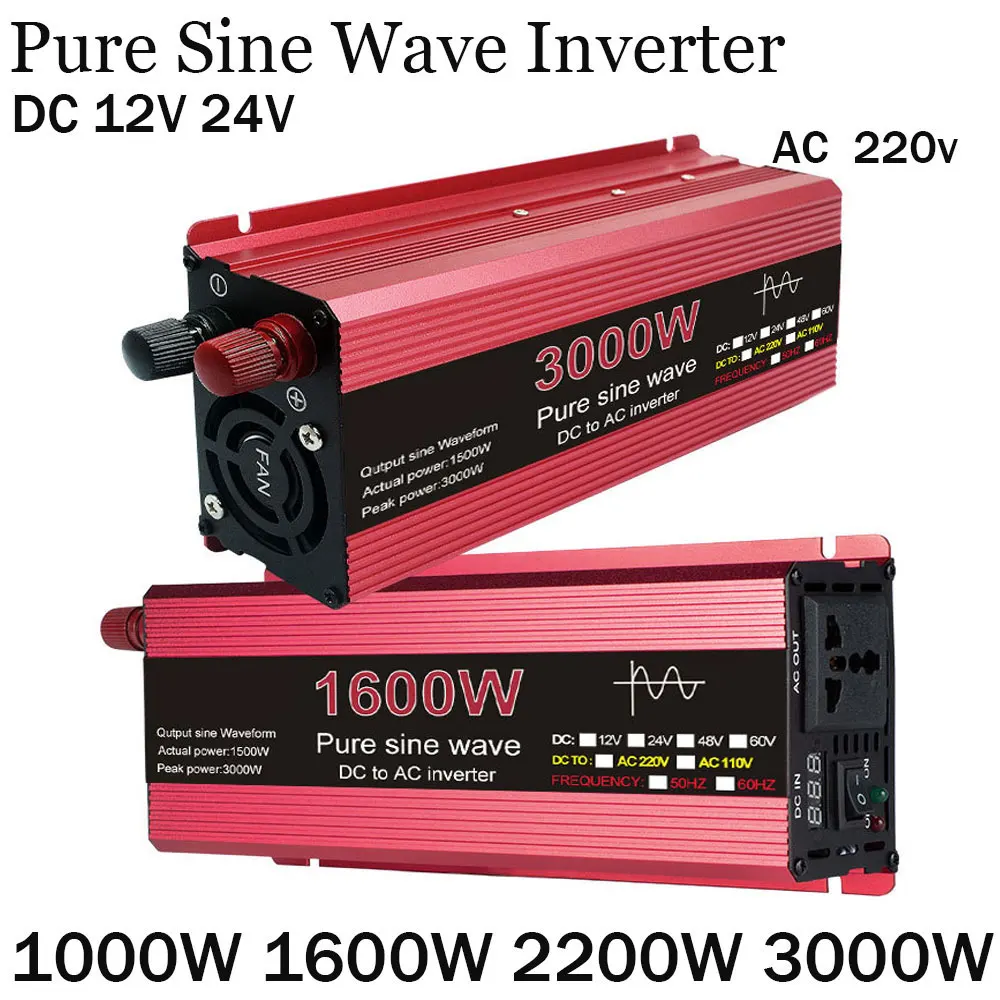 Pure Sine Wave Inverter 12V 220V 3000W Inverter 24V TO AC 220V 1000W 1600W  2200W Portable Power Bank Converter Solar Inverter