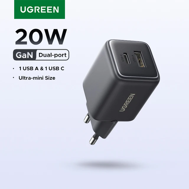 UGREEN 20W GaN cargador Mini USB C cargador de teléfono PD3.0 QC3.0 para iPhone 17 16 15 Pro Max Samsung S25 Xiaomi Tablet iPad Air Pro