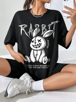 Kawaii Rabbit Printed Tops Cotton T-Shirts For Womens Fashion Casual Soft Short Sleeve Loose Tees Comfortable Street Clothes 2