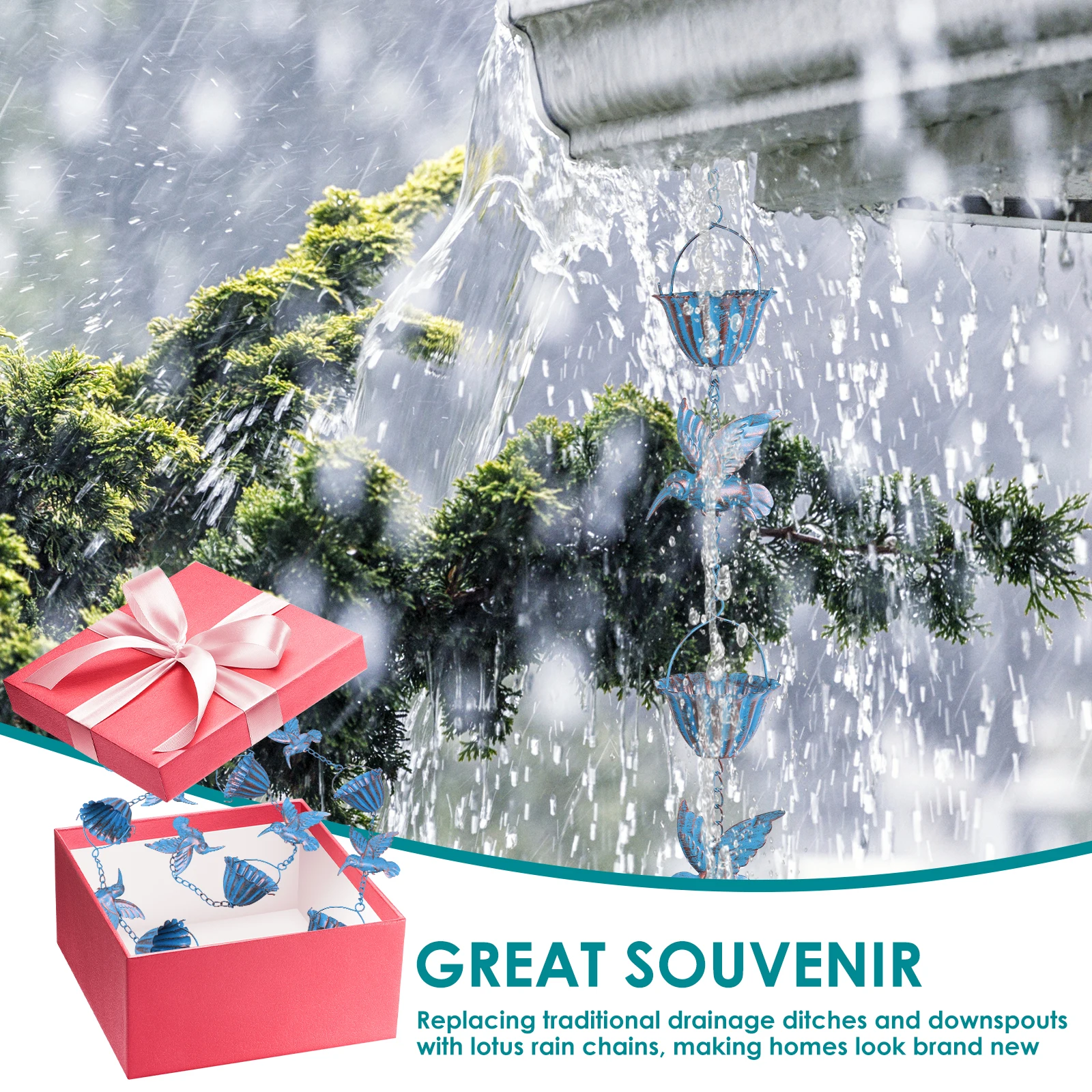 Rain Chain Hummingbird and Cup Shaped Rain Catcher Chain Metal Outdoor Garden Decoration Functional Replacement for Downspout