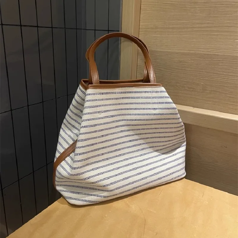 stripe Print Canvas Tote Bag Large Capacity Fashion Shoulder Crossbody Bag for School Work Shopping Retro Tote Handbag
