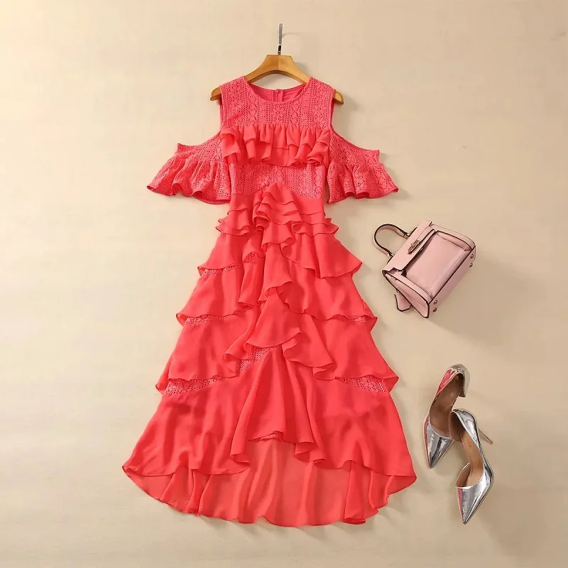 

Newest Fashion Style 2024 Summer Dress High Quality Ladies Lace Embroidery Patchwork Cascading Ruffle Sexy Rose Red Orange Dress