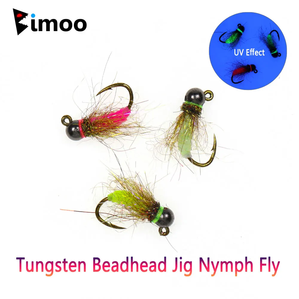 Bimoo 6PCS #12 #14 #16 Barbed Tungsten Bead Head Jig Nymph Fly Fast Sinking Wet Euro Nymph Fly For Trout Fishing Lures Baits