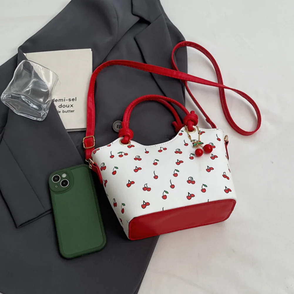 Leather Bucket Fashion Shoulder Bag for Women Cherry Printed Crossbody Bag Trendy Top-handle Bag with Adjustable Removable Strap