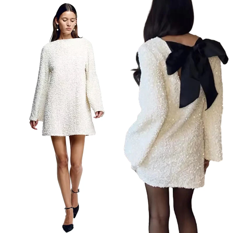 

Bowknot Shining Sequin Party Mini Dress Autumn Women Elegant Chic Short Dresses Long Sleeve Sweet Splicing Evening Club Vestidos