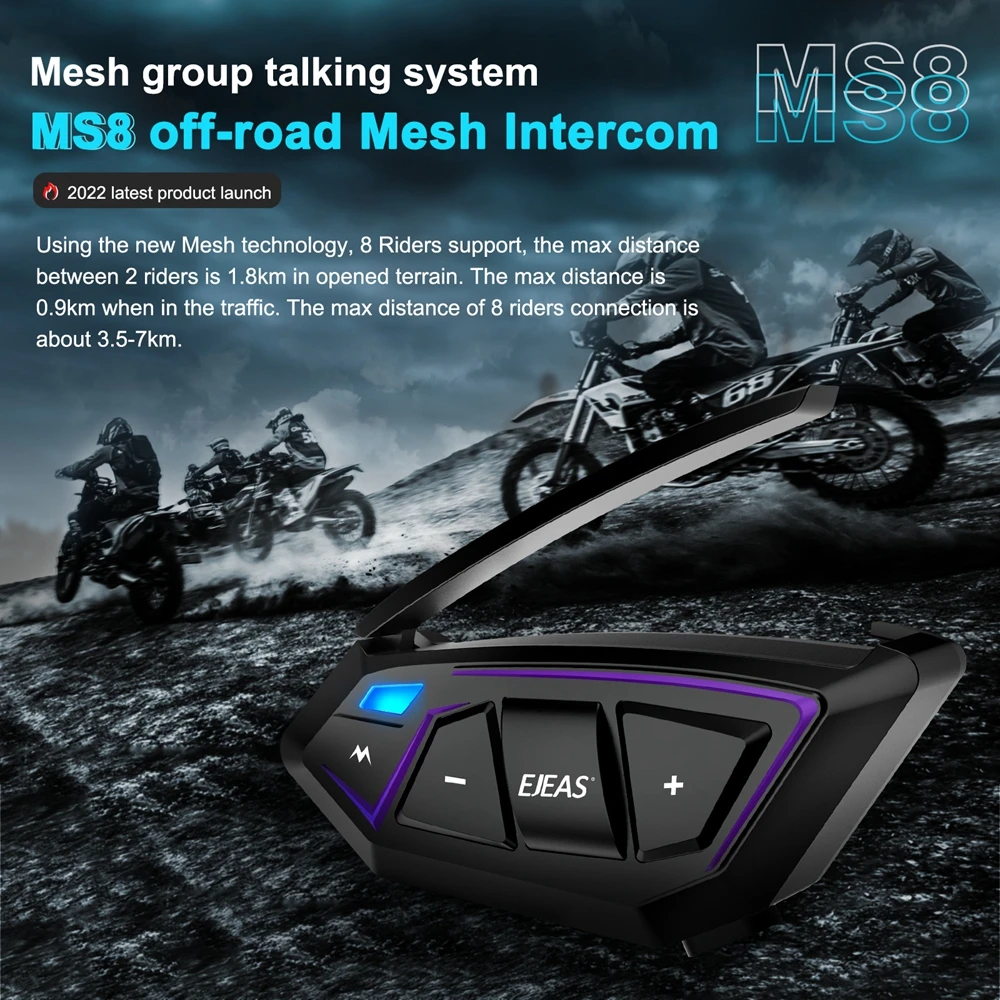 

MS8 BT 5.1 Motorcycle Helmet intercom Wireless Waterproof Bluetooth Headset Interphone Newest Mesh Technology 8 Riders