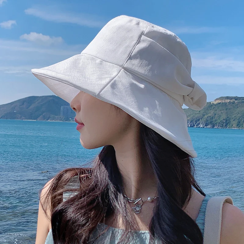 

Summer Women Bucket Hat Luxury Bowknot 9cm Big Brim Sun Hat Lightweight Breathable Outdoor Tourism Camping Elegant Panama Cap