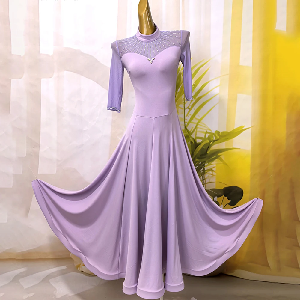 Middle Sleeve Ballroom Dance Competition Dress Red Costume for Build Light Purple New in Dresses Elegant Black Rhinestones