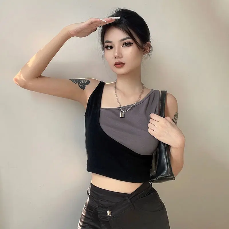 

Summer Sweet Hot Girl Sexy Tank Top Tee Shirt Irregular Oblique Collar Shoulder Strap Vest Women Fake Two-piece Tops Club Party