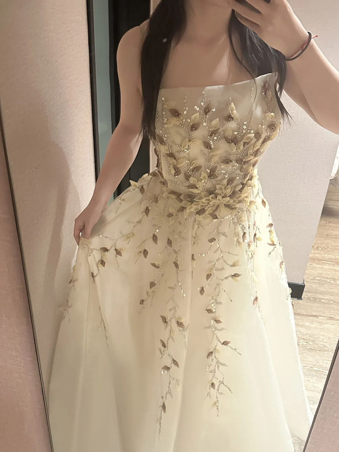 Sharon Said Elegant Beige Evening Dress with 3D Floral Embroidery photo review