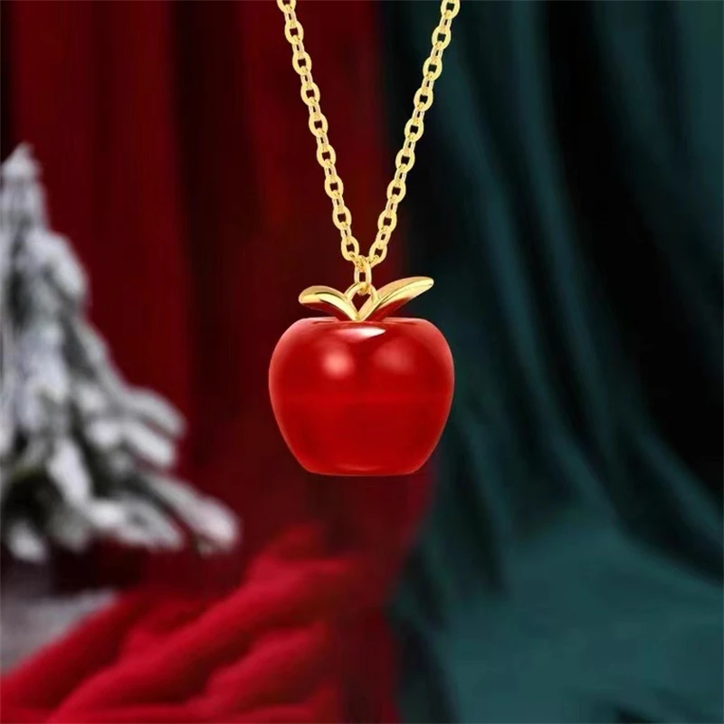 18K Gold Natural Red Agate Apple Necklace 100% Au750 Pure Original