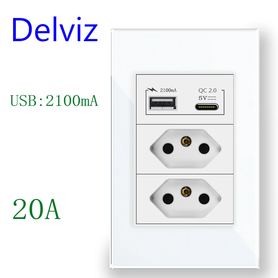Delviz 20A Electric plug Wall Socket, 3A USB Ports,120mm*72mm Crystal glass Panel,Brazil Standard Type C USB Quick charge Outlet