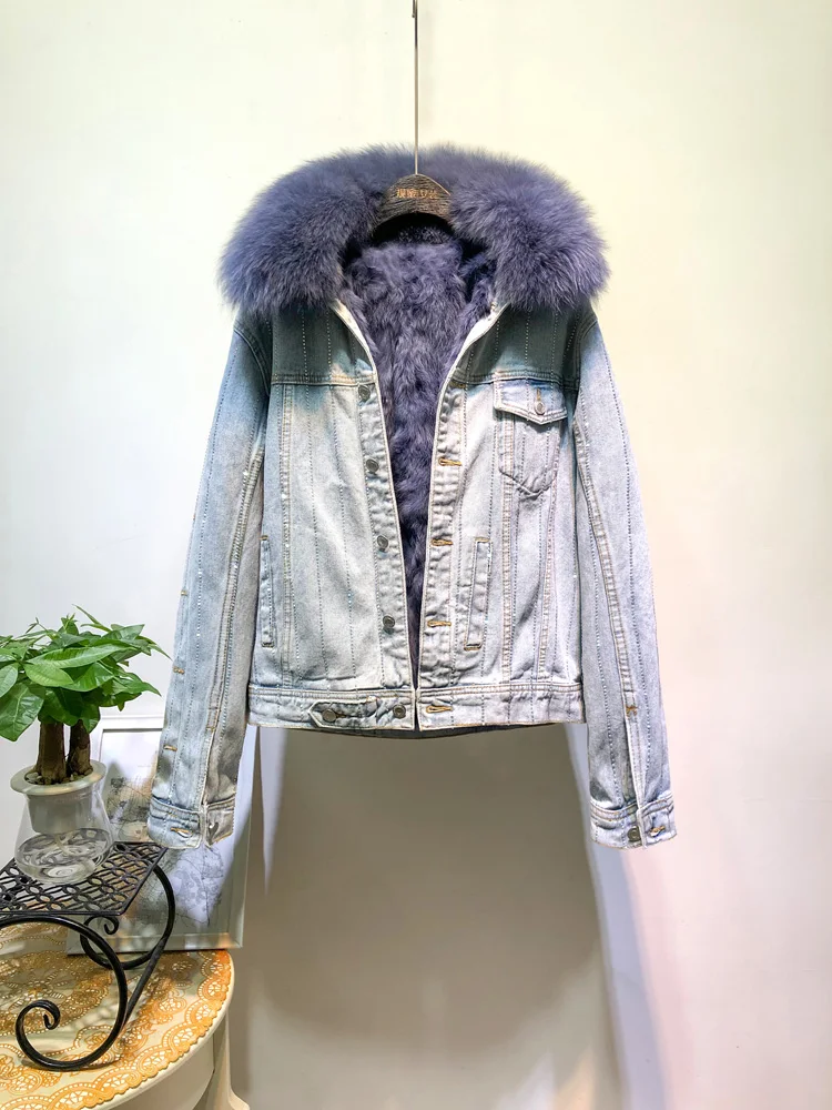 Loose Korean Style Fox Fur Collar Long-Sleeved Denim Jacket for Women 2023 Winter New Fleece-Lined Thickened Wool-Free Parka