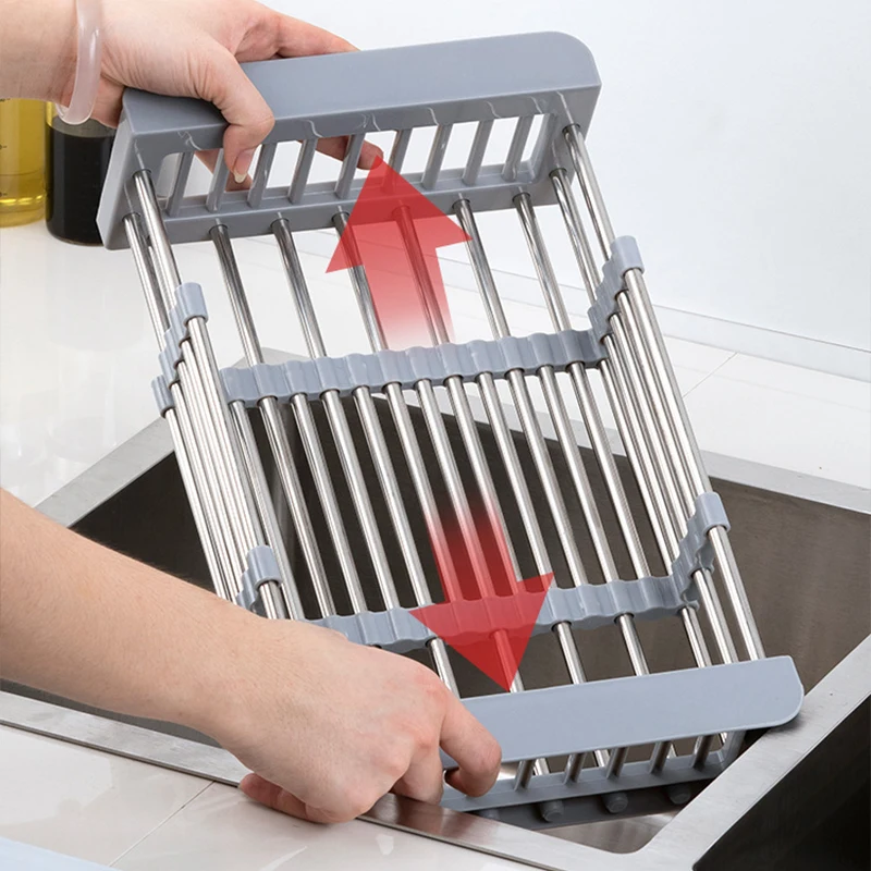 Retractable Stainless Steel Sink Strainer Drain Vegetable Fruit Drainer Basket Rack Storage Tool Sink Filter Rack Shelf