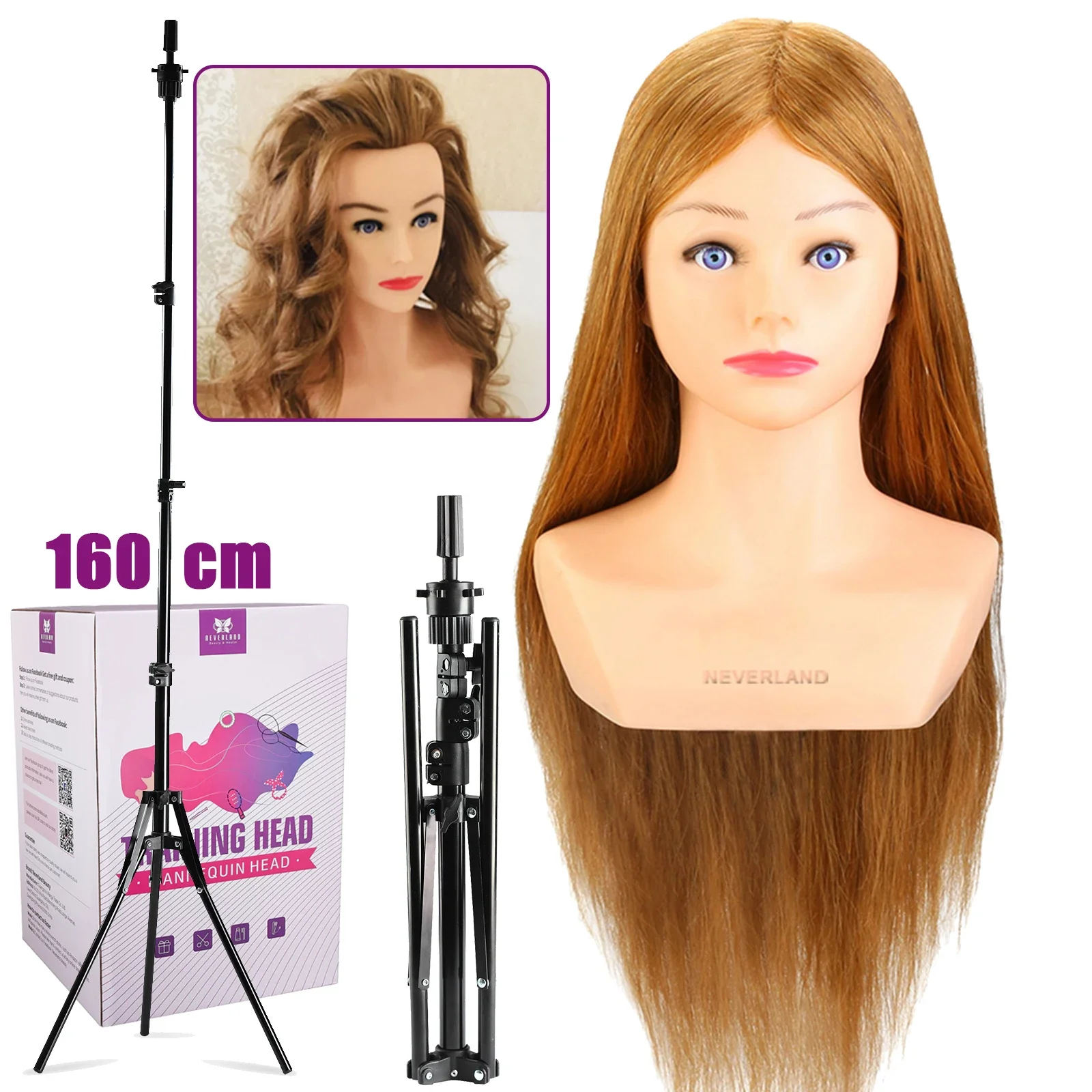 80% Real Hair Practice Training Head with 160cm Tripod Hairstyle Doll With Shoulder Braiding Mannequin Head Curling Hairdressing