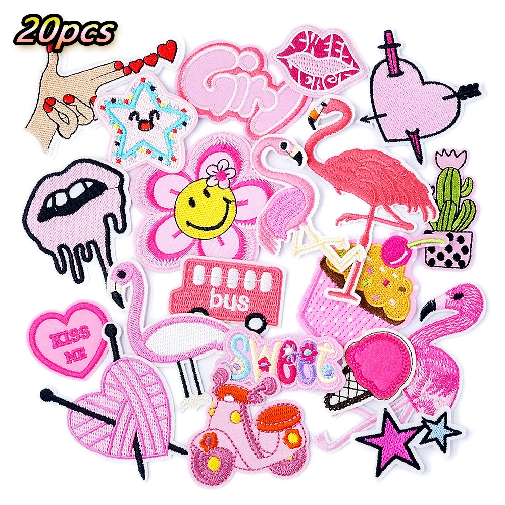 

20Pcs/Lot Pink Gilr Flamingo Sweet Iron on Patches for Clothing Patches Embroidered Applique Clothes Patch Embroidery Sticker