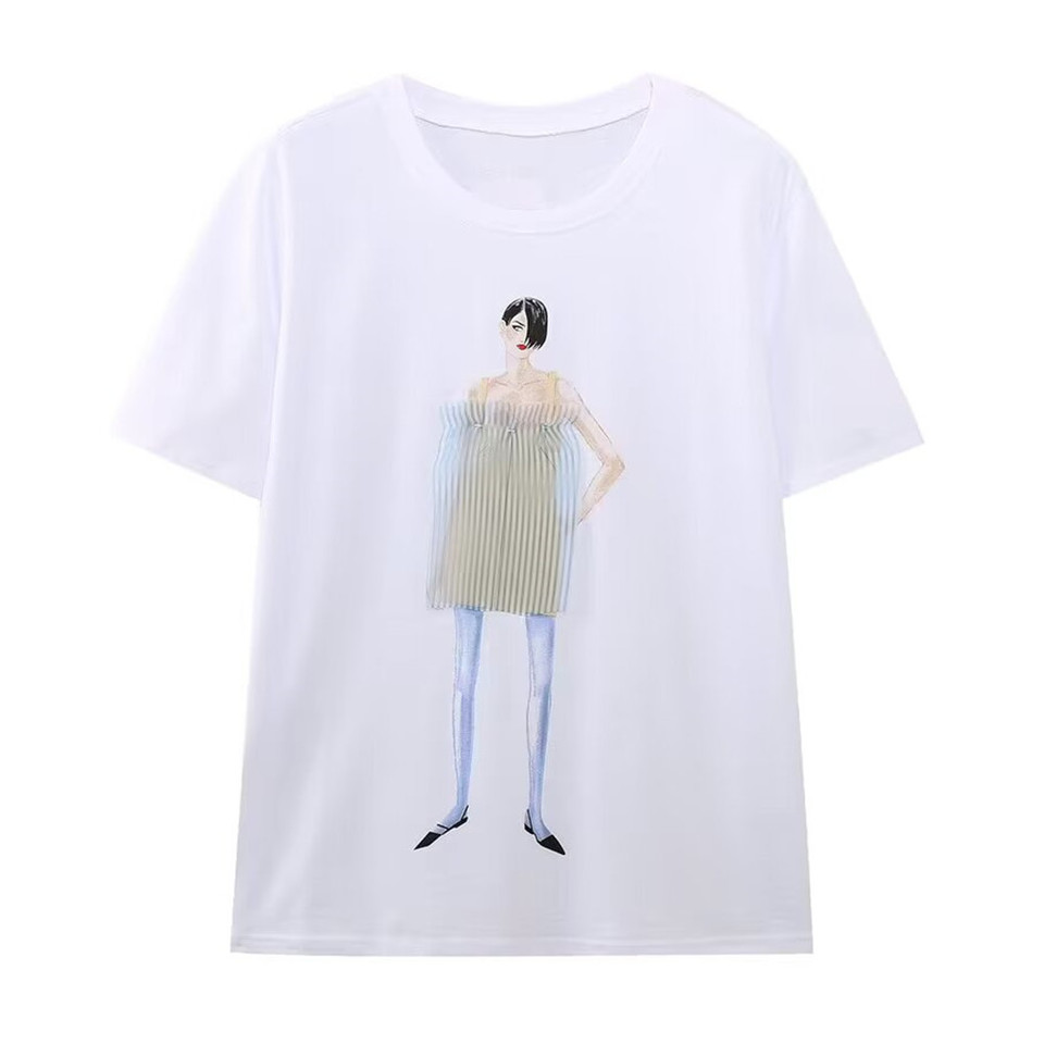 PB&ZA2025 Summer New Products Women's Casual Commuter Girls Printed Round Neck Short Sleeve T-Shirt 5644/071