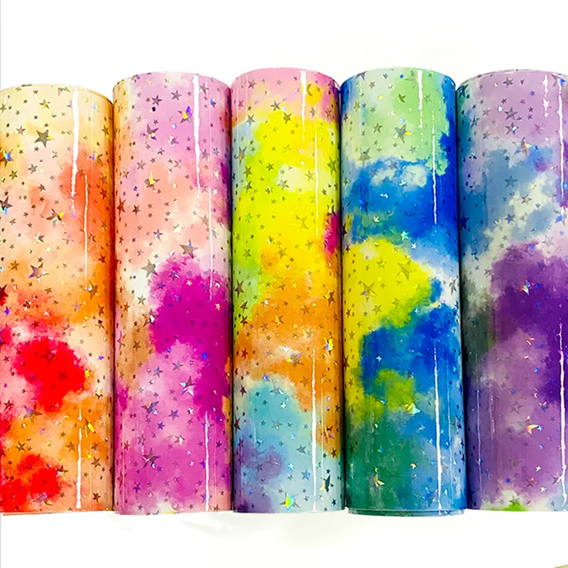 

XHT Holographic Mirror Star Printed Cloud Iridescent Colorful PU Faux Leather for Making Shoe/Bag/DIY Accessories/Belt 30*135CM