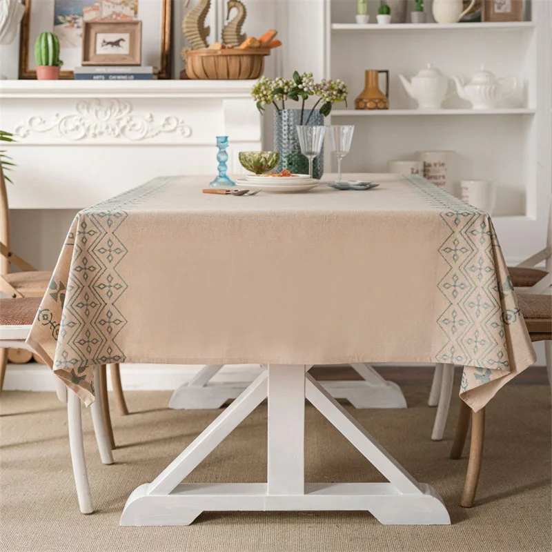 

Cotton Linen Tablecloth Coffee Tablecloth Waterproof Oil-Proof Anti-Scald Table Mat Blue Embroidery Geometric Table Decoration
