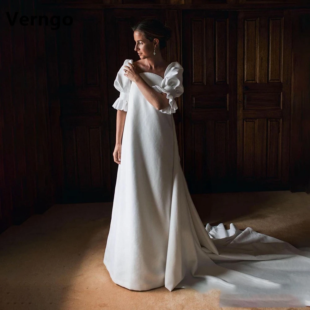 

Verngo Short Puff Sleeves Square Collar Long Bridal Gown Satin Zipper Wedding Dress For Women 2024 Bride Simple Evening Dress