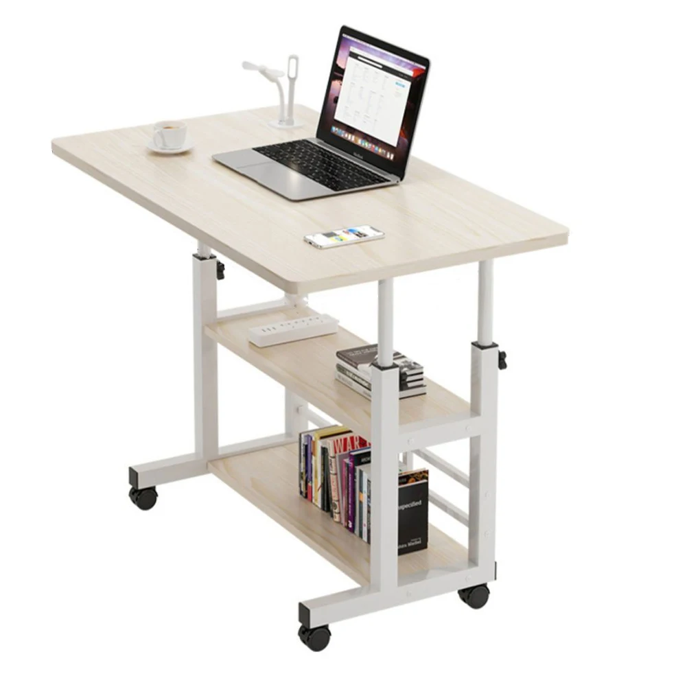 Height Adjustable Computer Desk with Rolling Wheels Mobile Rolling Study Table Wooden Laptop Table Storage Shelf for Home Office