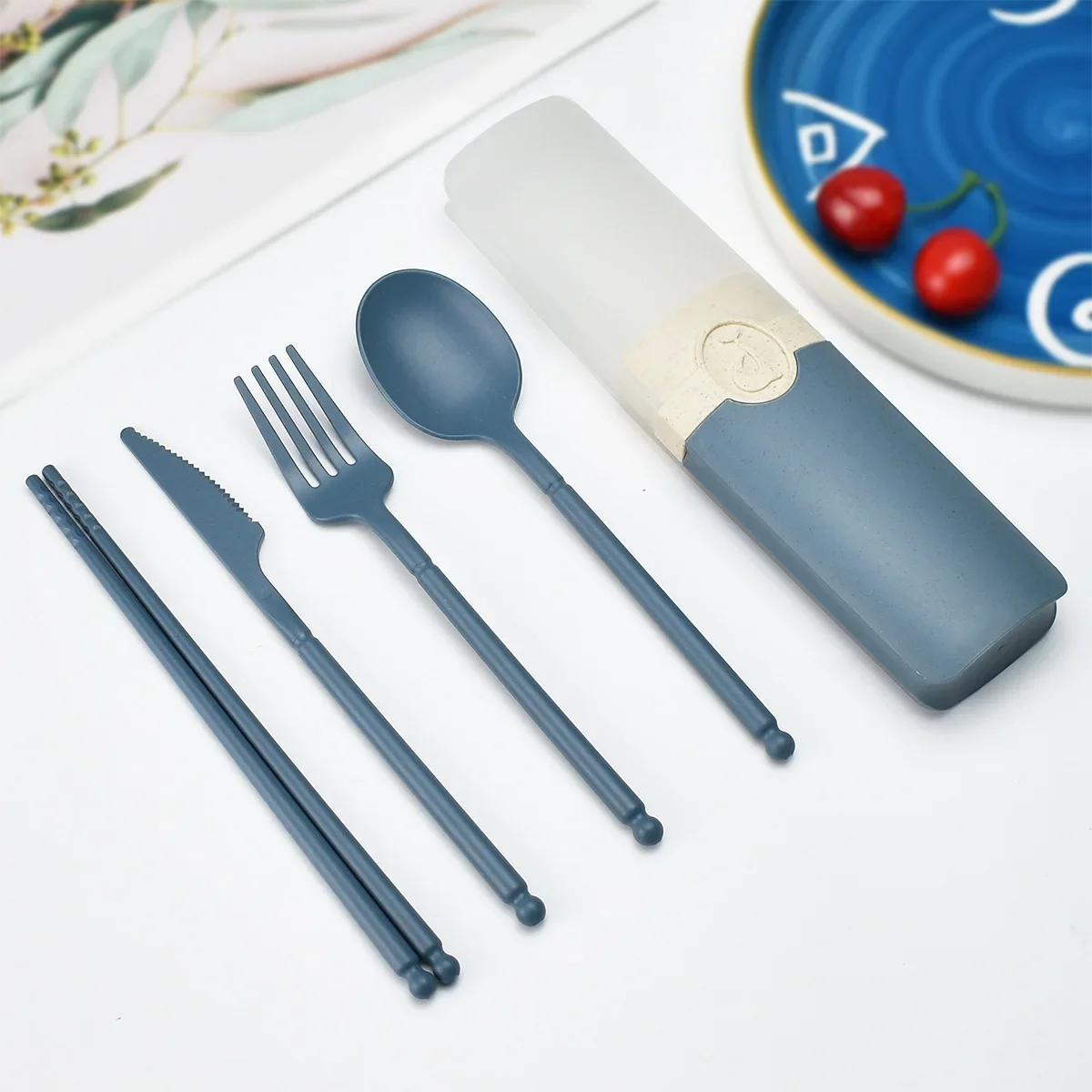 Cutlery Set Portable Reusable Spoon Fork Travel Picnic Chopsticks Wheat Straw Tableware Cutlery Set With Carrying Box For Student Office